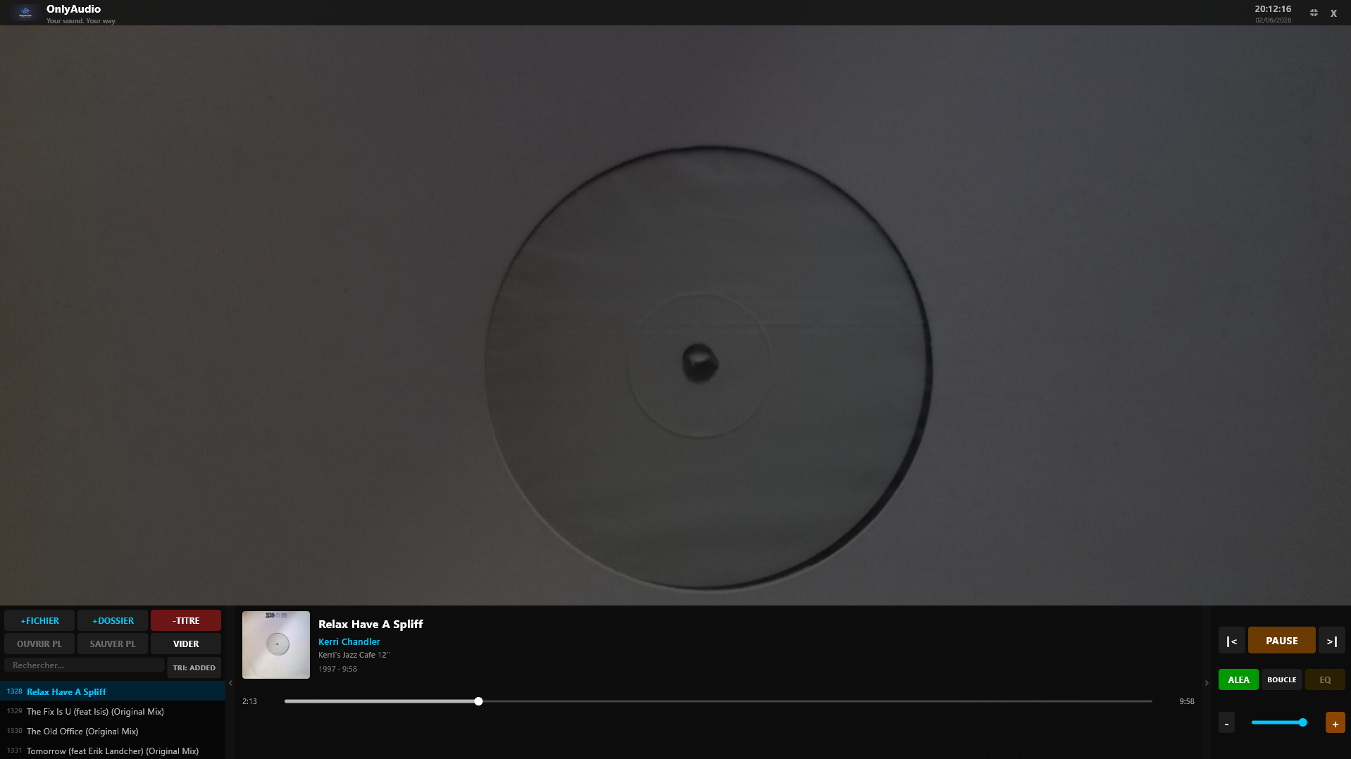 OnlyAudio — vue desktop avec playlist