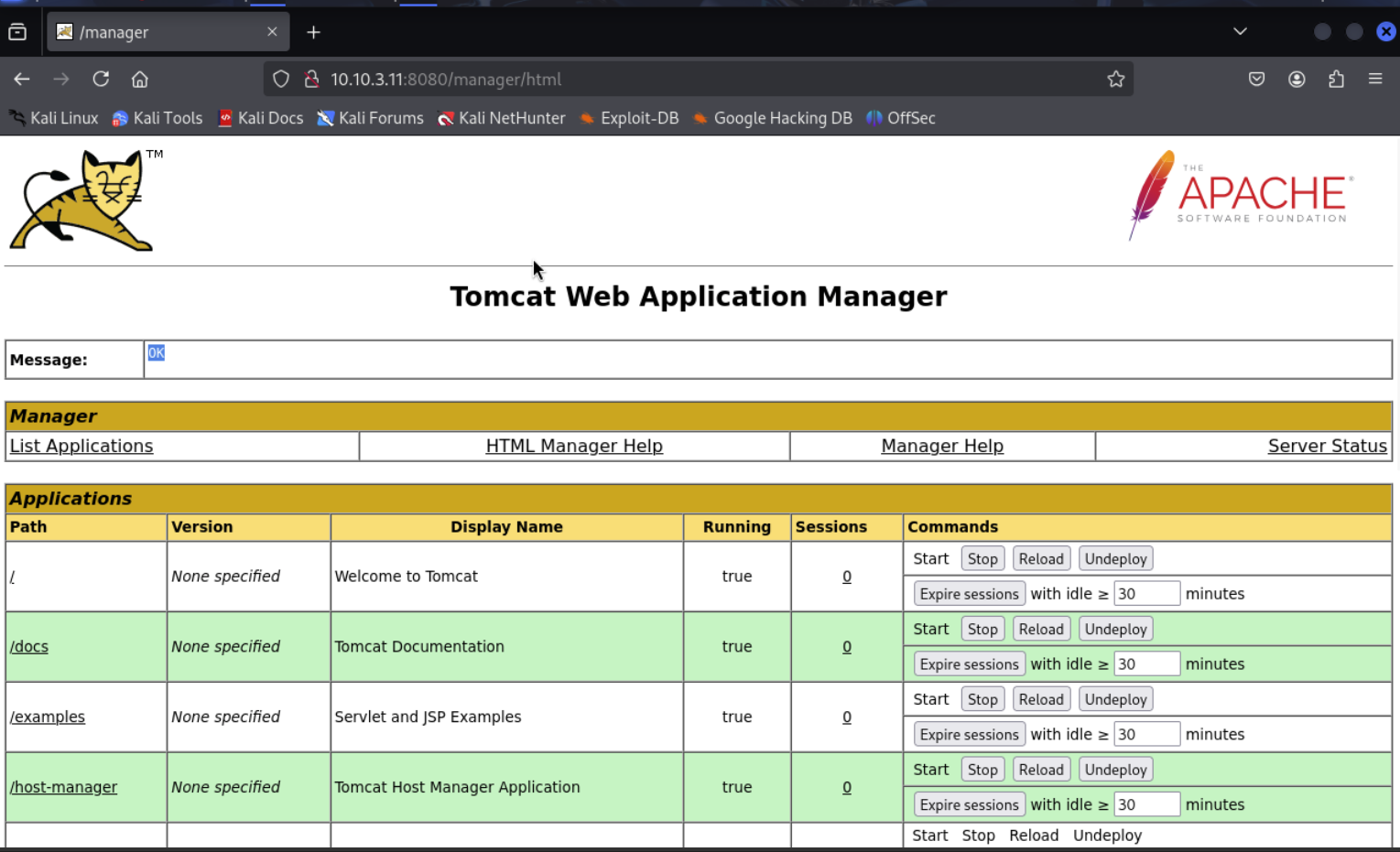 Metasploit — session établie, illustration du danger des configurations par défaut