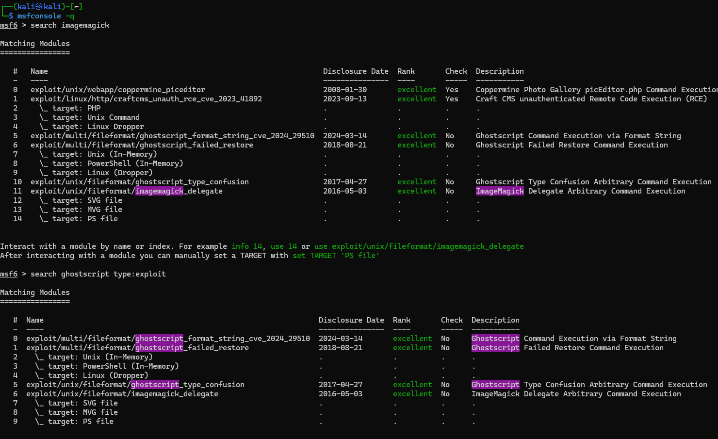 Metasploit — phase d'exploration initiale, lecture des résultats étape par étape