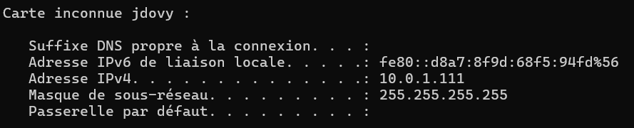 Capture d'écran d'un inventaire réseau avec adresse IPv4 locale
