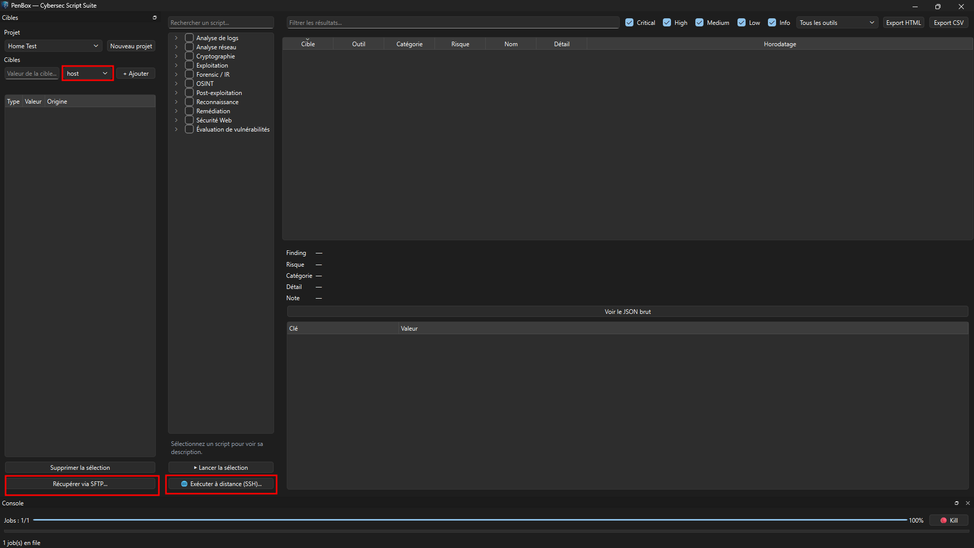 Interface principale de PenBox : panneau Cibles à gauche, catalogue de scripts au centre, résultats filtrables à droite