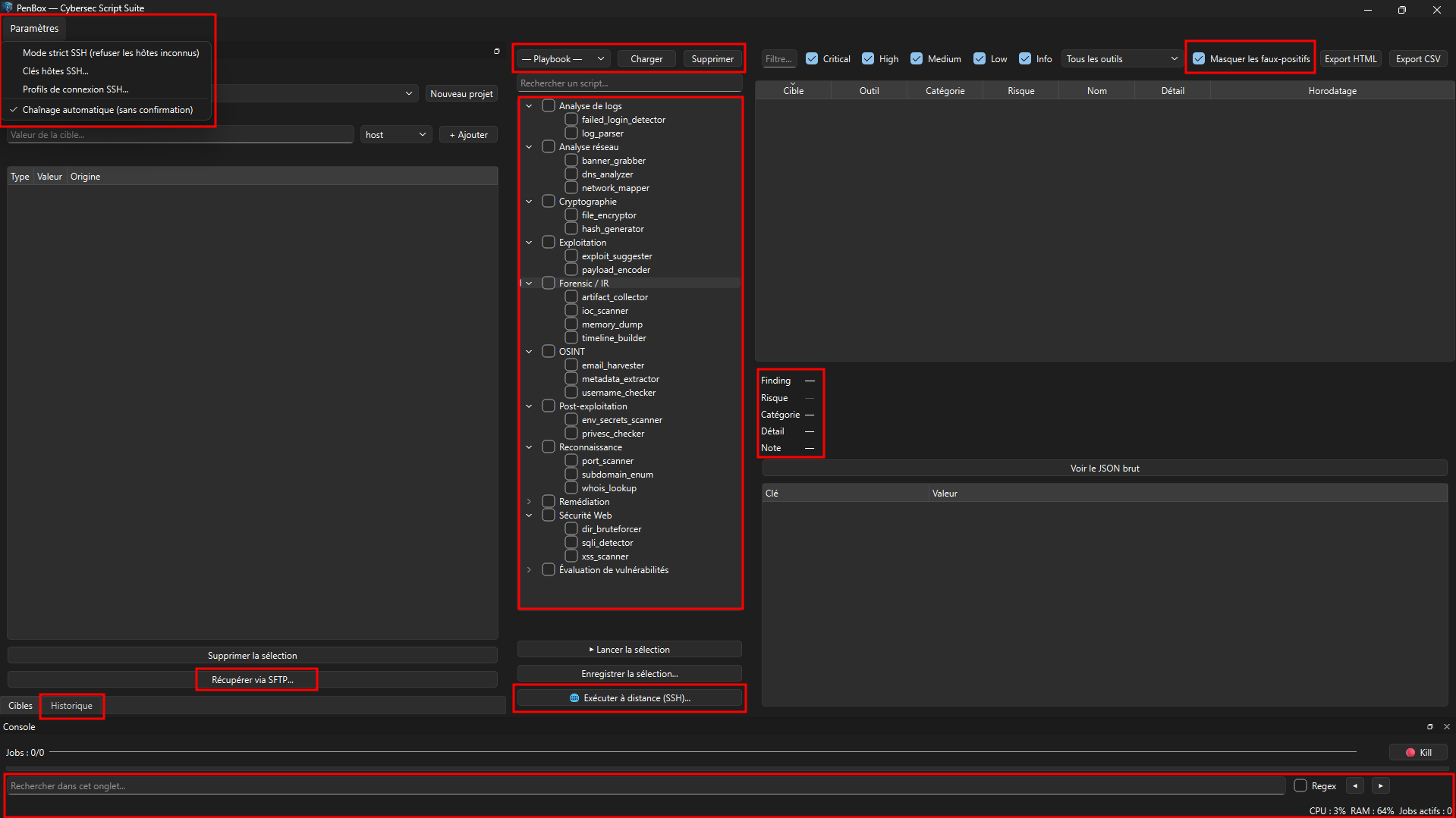 Catalogue de scripts PenBox organisé par catégorie, avec sélecteur de playbooks et menu Paramètres