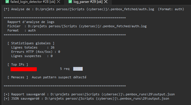 Console PenBox affichant le rapport d'analyse de logs d'un script log_parser, avec statistiques et détection de menaces