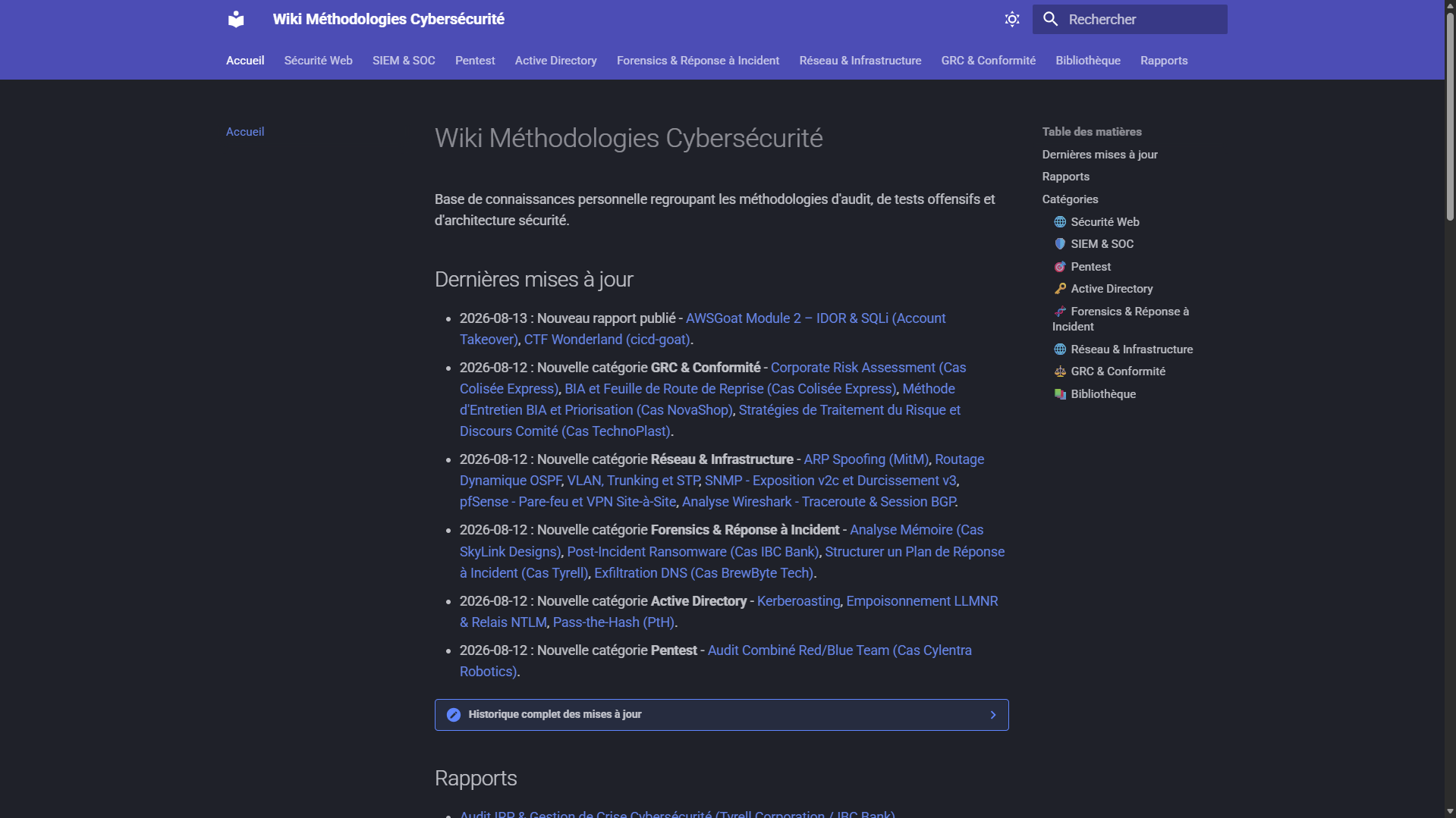 Page d'accueil du wiki interne de méthodologies cybersécurité, après réorganisation
