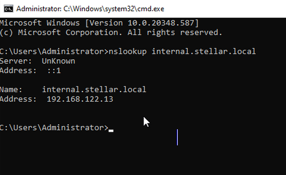 Verification DNS avec nslookup pour internal.stellar.local