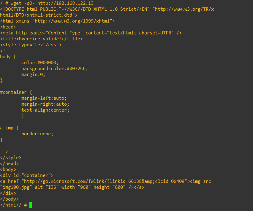 Validation HTTP du portail IIS via wget depuis le client de test