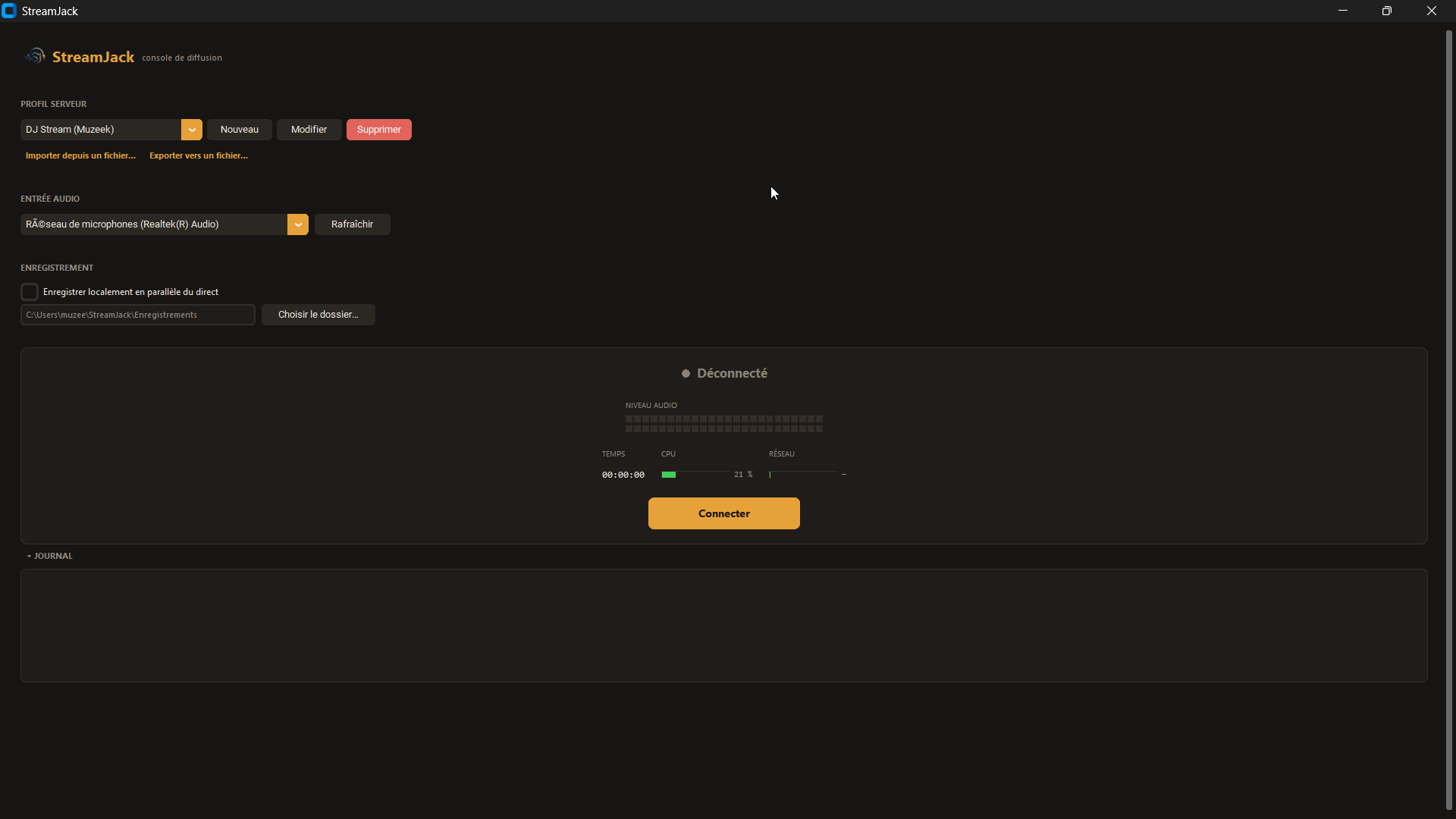 Console de diffusion StreamJack à l'état déconnecté, avec profil serveur et entrée audio