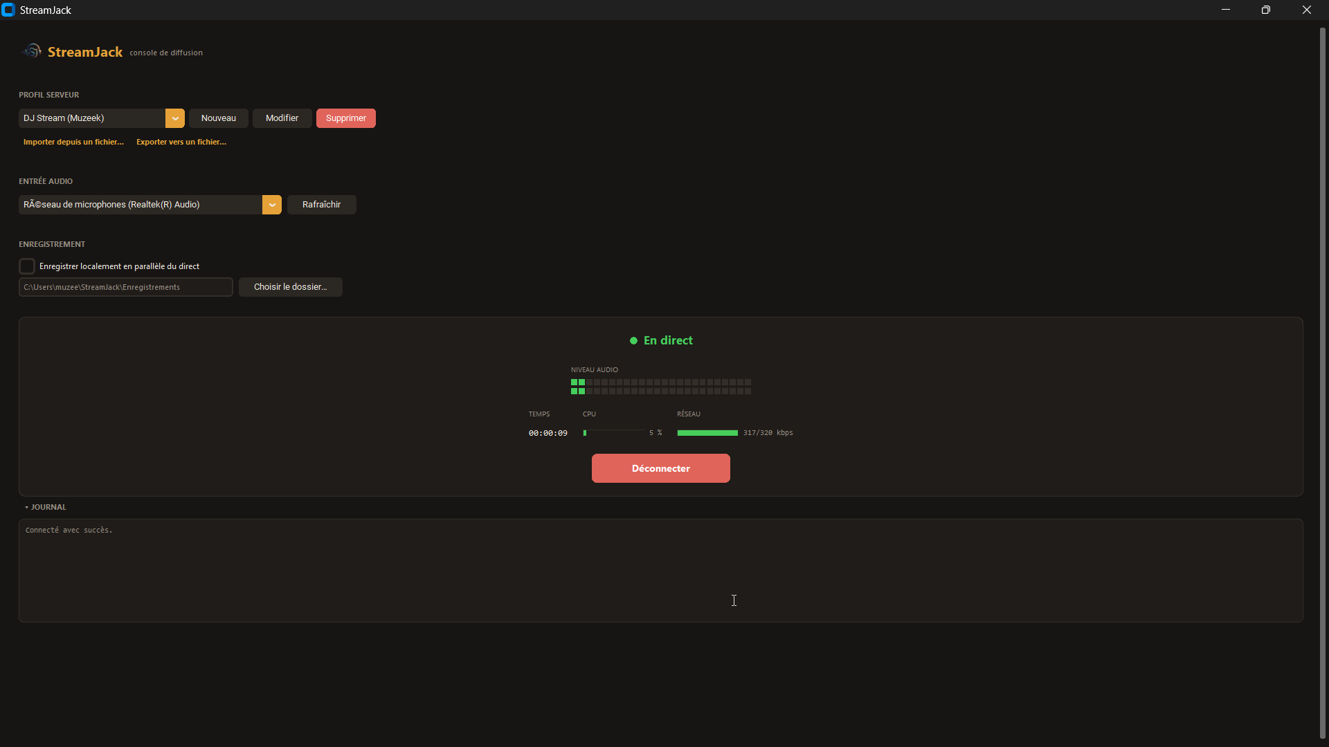 Console de diffusion StreamJack en direct, avec niveau audio, CPU et débit réseau