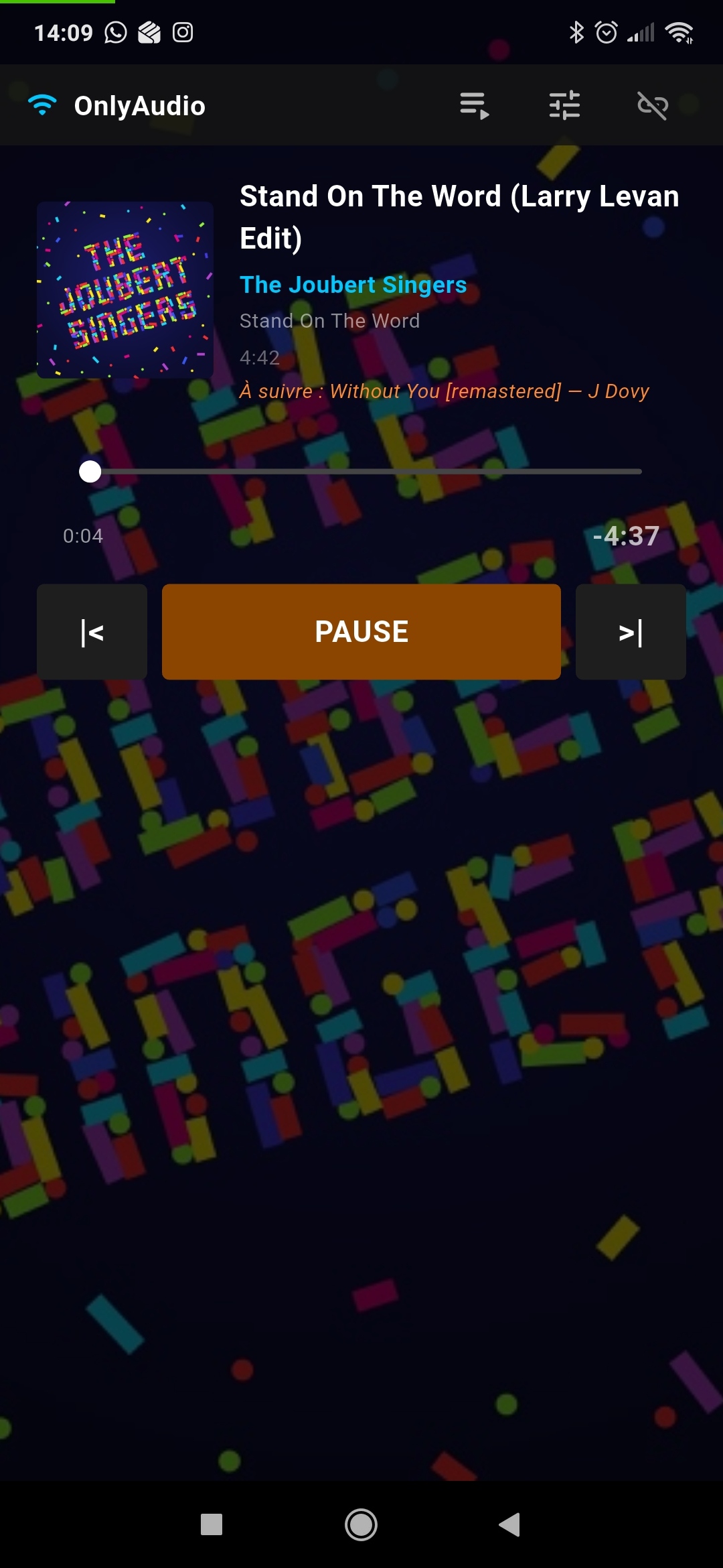 Télécommande Android OnlyAudio, écran de lecture en cours avec contrôles
