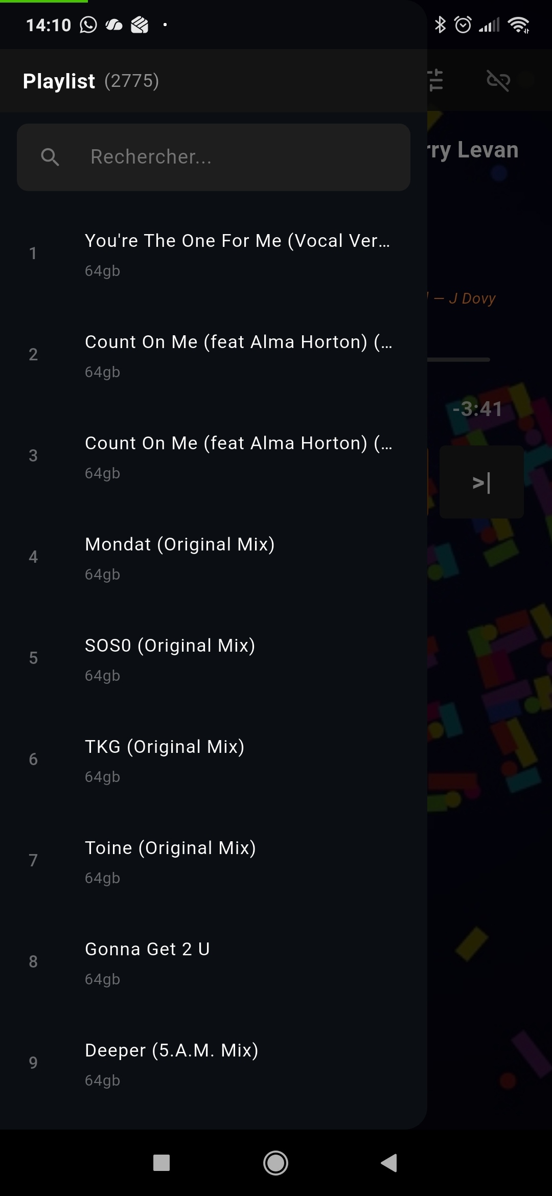 Télécommande Android OnlyAudio, vue de la playlist avec barre de recherche
