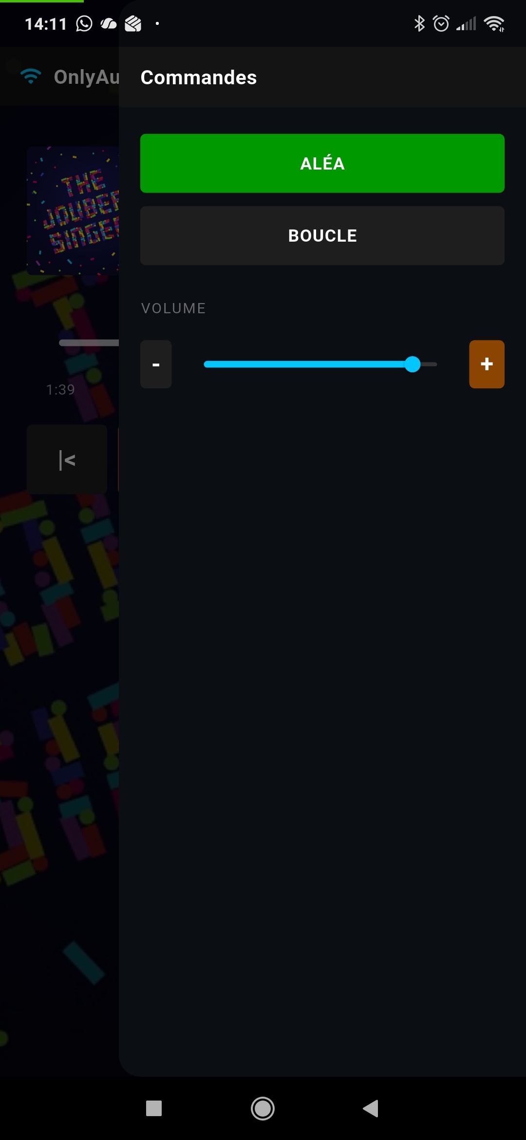 Télécommande Android OnlyAudio, panneau de commandes avec aléatoire, boucle et volume