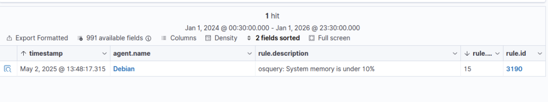 Wazuh — 1 hit pour 'System memory is under 10%' sur l'agent Debian