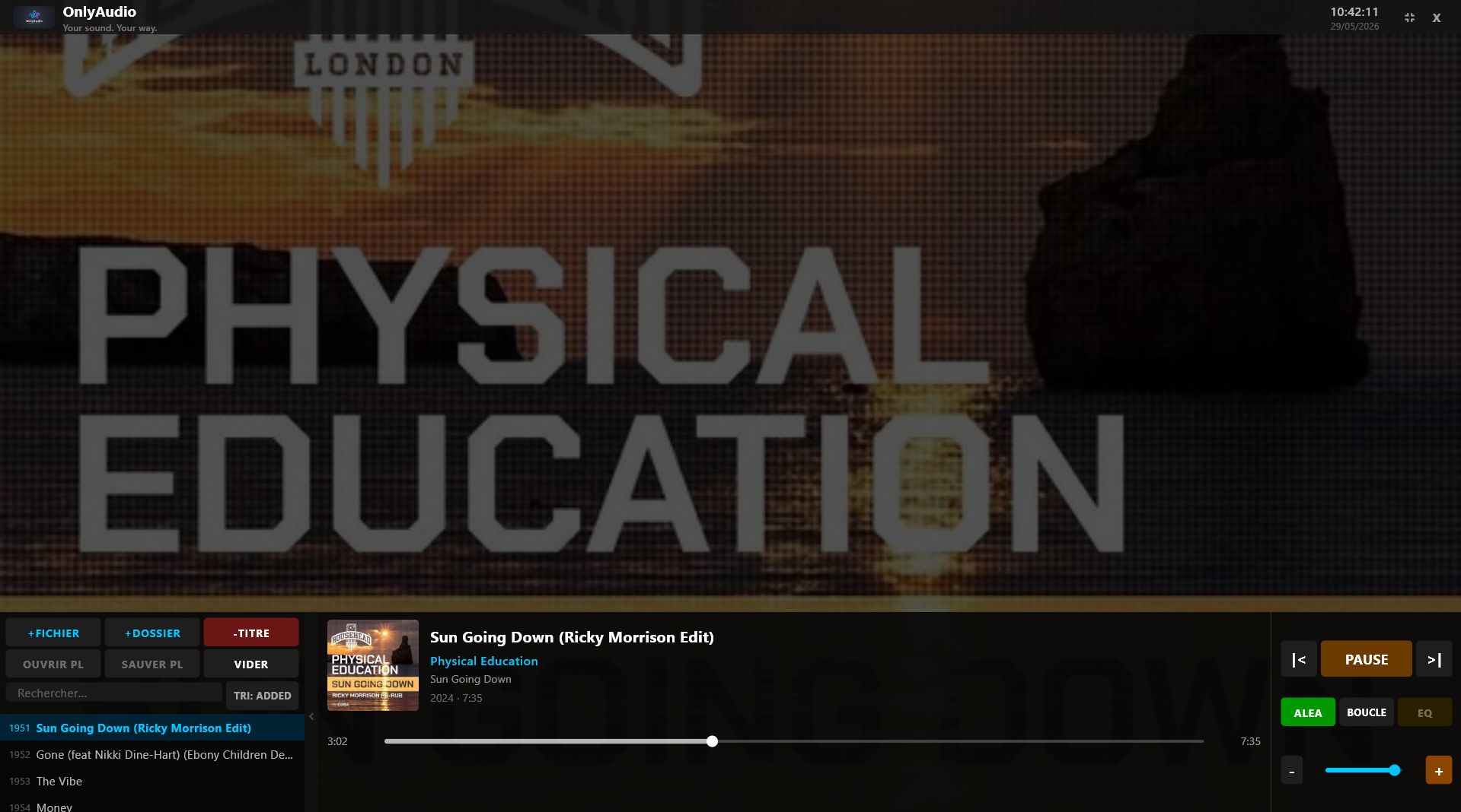 OnlyAudio v2.2.0 — vue principale avec playlist ouverte