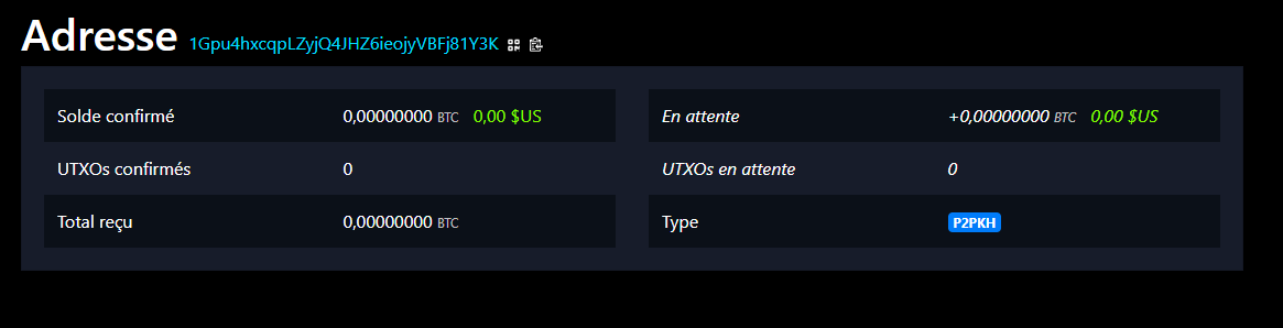 Capture de l'explorateur mempool.space : adresse Bitcoin avec un solde et un total reçu de 0,00000000 BTC, 0 transaction et 0 UTXO